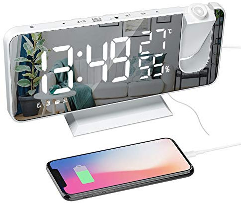 ThreeH Projektionswecker mit USB-Ladegerät 180° drehbarer Projektorwecker mit UKW-Radio 7,4'' Spiegeldisplay 2 Töne 4 Dimmer Weiß