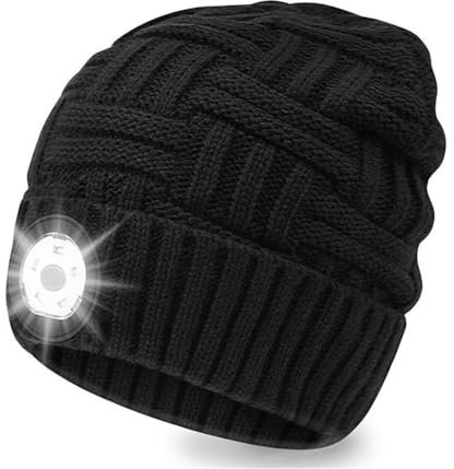 INHDBOX Neu 5 LED Mütze Kappe Strickmütze mit Licht Herren Damen Kappe Lampe Mütze Scheinwerfer USB Nachladbare Mütze Laufmütze Winter Warm Strickkappe für Jogger,Camping,Laufen, Blinkende Warnungs