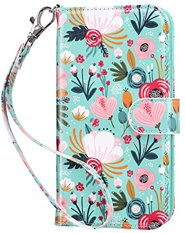 ULAK for iPhone 13 Case Wallet, Flip Case with Card Holder PU Leather + TPU Bumper Stand Cover Kickstand Full Protective Phone Case for iPhone 13 6.1 inch - Mint Flower