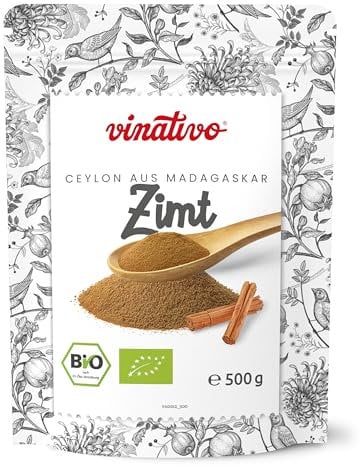 vinativo Zimt BIO – Ceylon aus Madagaskar – 500g – Pulver – fein gemahlen und schonend getrocknet– bio Rohkost-Qualität – zum Backen oder Würzen – aus kontrolliert biologischem Anbau