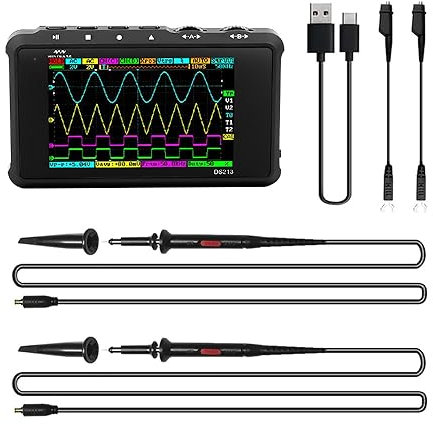 CCDSO Portable Oscilloscope DS213, Pocket Size Handheld, Built-in Rechargeable Battery, 4 Channels, 15Mhz Bandwidth, Entry Level Oscilloscope for Beginner
