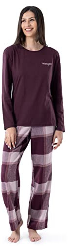 Wrangler Women's Jersey Top and Flannel Pant Sleep Pajama Set, Wine/Plaid, X-Large