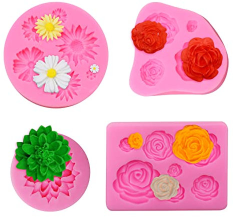 4Pcs Silicone Fondant Moulds - Daisy & Rose Flower Molds for Icing, Cake, Chocolate & Jelly