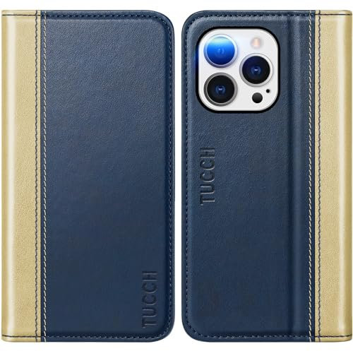 TUCCH Case for iPhone 14 Pro (6.1) 2022 5G, Protective PU Leather Wallet Phone Case with [RFID Blocking]Credit Card Holders[Shockproof TPU]Stand Folio Cover Compatible with iPhone 14 Pro, Gold&Blue