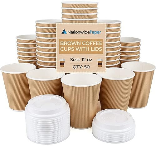 Nationwide Paper Coffee Cups with Lids 12oz Disposable Takeaway Coffee Cups Triple Walled Ripple Cups Brown - 50 Pcs
