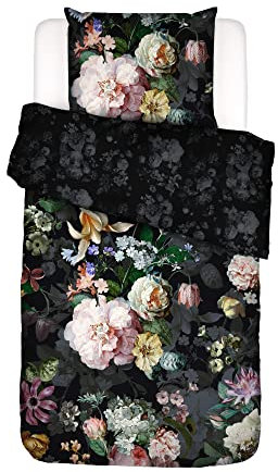 ESSENZA Bettwäsche Fleur Festive Blooming Black, 155x220 + 1x 80x80 cm - 100% Baumwollsatin 200TC - Blumen