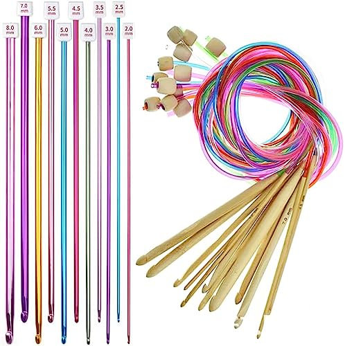23 Stk Häkelnadel Set, 12 Stk Bunt Tunesisch Kreishaken mit Seil, 11 Stk (2-8mm) Tunesische Häkelnadeln aus Aluminium, Afghan Häkelnadeln