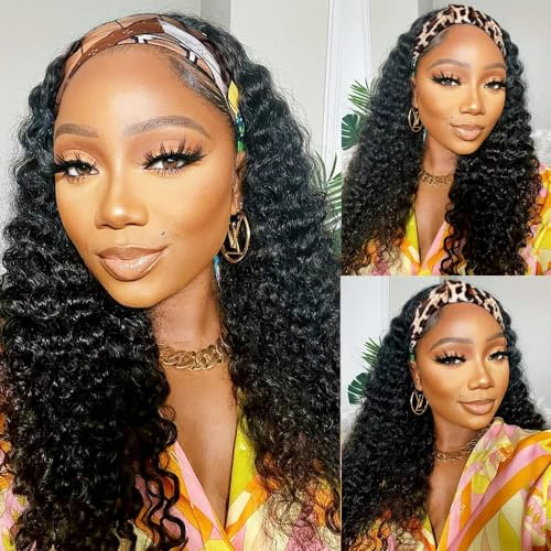 Headband Wig for Black Women Deep Wave Headband Wig None Lace Front Wigs Human Hair for Women 150% Density Curly Hair (22 Inch, Natural Color)