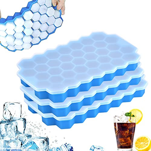 Ice Cube Tray with Lids, Silicone Moulds and 3 Packs 111 Ice Trays, LFGB Certified and BPA Free (Blue, 3 Packs)