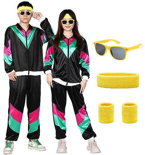 Ficlwigkis 80er 90er jahre Outfit Herren Damen 6-teiliges Schwarz Kostüm 80er jahre Kleidung Trainingsanzug Herren mit Stirnband Armbänder Brille für Karneval Fasching Kostüm (Schwarz, XXL)