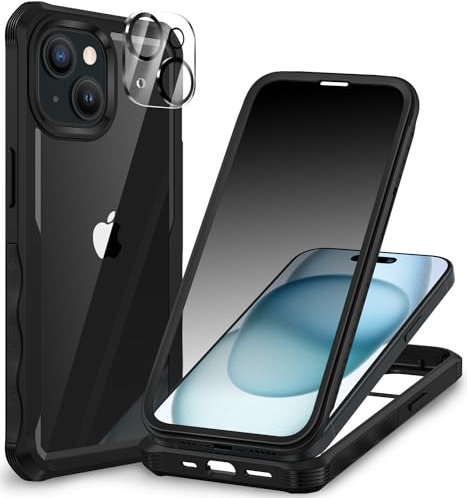 CENHUFO Sichtschutz Hülle für iPhone 15, mit Eingebautem Privacy Panzerglas Displayschutz und Kameraschutzfolie 360 Grad Handyhülle Schutzhülle Stoßfest Anti Spy Cover Ganzkörper Case - Schwarz
