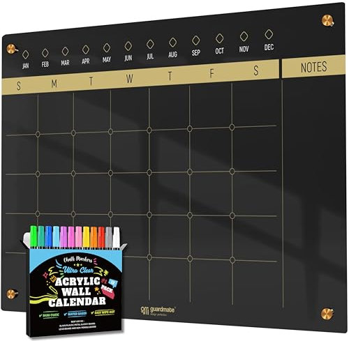 BWC Übergroßer Premium-Acryl-Kalender für die Wand, trocken abwischbar, ultradick, klar, Heimbüro, monatlicher Glas, Familienplaner, Tafel, großes wiederverwendbares Whiteboard, 8 Stifte, Radiergummi