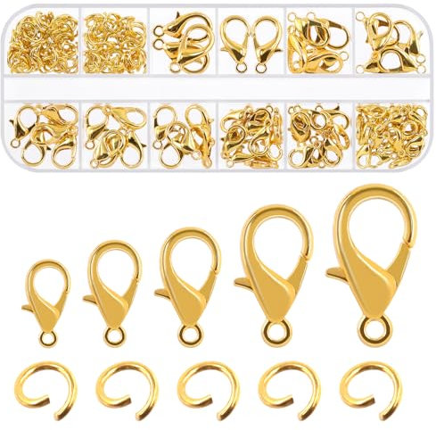 Swpeet 170Pcs Gold 10mm 12mm 14mm 16mm 18mm Open Jump Rings and 6mm Lobster Clasps Assortment Kit, Perfect Jewelry Findings Kit Fits for DIY Making Bookmark Pinch Bracelet Choker Necklace