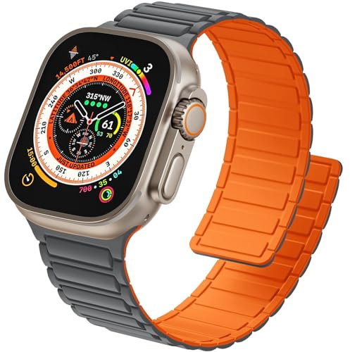 ALFARAY Magnetbänder Kompatibel mit Apple Watch Armband 46mm 45mm 44mm 49mm 42mm, Starke Silikon Magnetische Sport Armbänder für Apple Watch Ultra 2 Ultra Series 10 9 8 7 SE 6 5 4 3 2 1, Grau/Orange