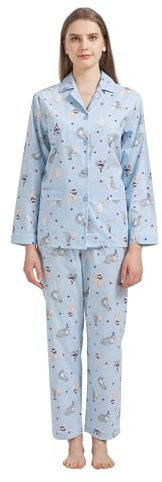 GLOBAL Set Pigiama da Donna 100% Cotone Manica Lunga Abbottonatura Pigiameria Femminile con Coulisse Set da Notte Morbido e Traspirante Pigiama da Donna,Blu, Gattino,L