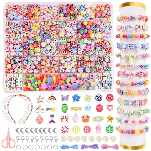DTYDECLE Perlen zum Auffädeln Kinder Schmuck, DIY Bastelnperlen Set Armbänder selber Machen Halsketten für Mädchen Kunsthandwerk Geburstagsgeschenk