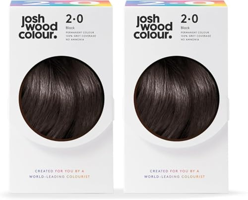 Josh Wood Colour Permanent Hair Dye, 2.0 Black, Ammonia-Free, 100ml | 100% grey coverage, vegan formula, shine complex for glossy hair, salon-created colour, easy root-to-tip application