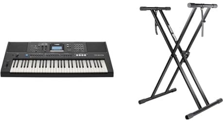 Yamaha PSR-E473 Portable, Versatile Digital Keyboard with 61 Touch-Sensitive Keys, in Black & RockJam XX-363 Xfinity Doublebraced Pre Assembled Keyboard Stand with Locking Straps & Lessons.,Black