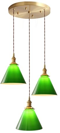 LFsem Suspension à 3 Lumières en Verre Vert, Lampe Suspendue de Plafond à 3 Flammes avec Kits Métal Laiton, Vintage Lustre pour Salle à manger & Cuisine - Luminaire E27 Sans Ampoules (3 Lumières)