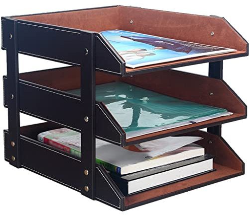 Aktenmagazinhalter Schreibtisch-Organizer aus Leder, 3-stufige stapelbare Dokumentenablage for Akten, Zeitschriften, Papier, Bürobedarf, Büroorganisation for den Schreibtisch Zeitschriftenhalter