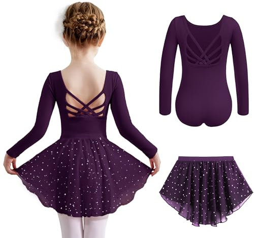 Arshiner Kinder Ballettkleidung Ballettkleid Mädchen Langarm Baumwolle Balletttrikot Ballettanzug Tanzkleider Tanzbody mit Rock Tütü Dunkel Lila 140/5-6Jahre