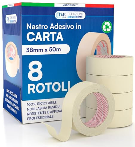 DNK TRADE Nastro di Carta - 8 Rotoli di Nastro da Imbianchini 38mm x 50m - Carta Gommata Professionale 38x50 Riciclabile per Mascheratura Pittura e Imbiancatura