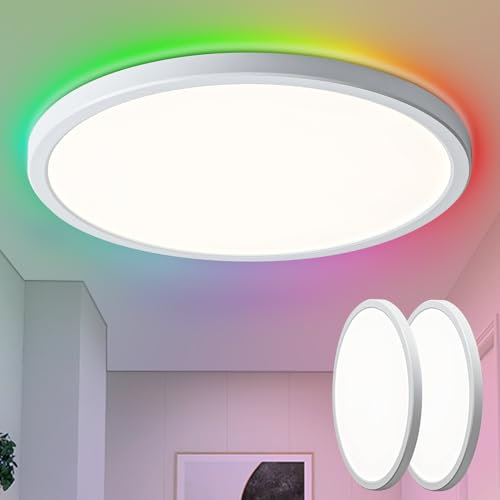 [2 Stücke] LED Deckenleuchte Dimmbar mit Fernbedienung, 24W Deckenlampe RGB Farbwechsel Rund, 3000K-6500K Lampe Deckenbeleuchtung als Wohnzimmerlampe Schlafzimmerlampe Kinderzimmer Lampe usw. Ø30CM