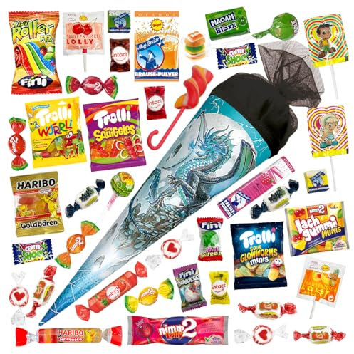 OYOY 35cm Schultüte gefüllt mit Süßigkeiten Mix I ROTH Schultüte Eisdrache I kleine Schultüte fertig gefüllt I Geschwister Schultüte I Einschulung Geschenk