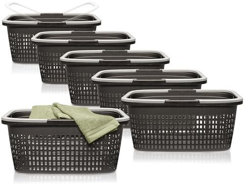 Hausfelder Wäschekorb 6er Set 58x37x25cm, Wäschekörbe mit Henkel 35 l, stabil und stapelbar (Anthrazit-Schwarz, 6 Körbe)