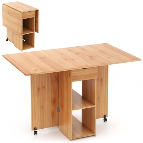 COSTWAY Mobile Folding Dining Table, Drop Leaf Table with 2 Wheels, 2-Layer Storage Rack & Drawer, Extendable Kitchen Table for Small Space, Dining Room, Living Room (Natural)