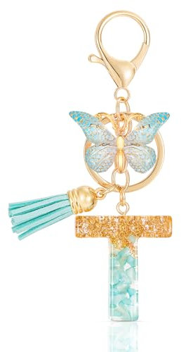 MWOOT Initiale Letter Keychains Porte Clé Lettre T,Alphabet Initial Keyring avec Papillon Pendentif,Vert Feuille D'or Key Ring pour Femmes Filles Portefeuilles Sac à Main Bagages Charme(T)