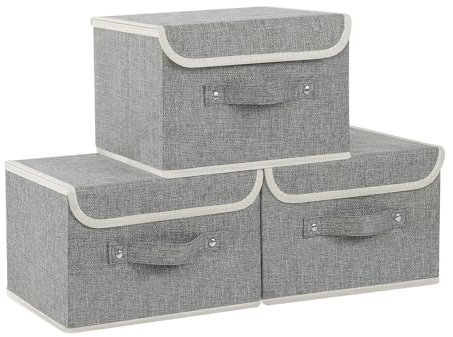 ENUMAIL 3 Piezas Caja de Almacenamiento Plegable con Tapa, Organizador de Ropa con Mango, Adecuada Para Habitaciones, Dormitorio, Oficina, 26×20×17cm, Gris
