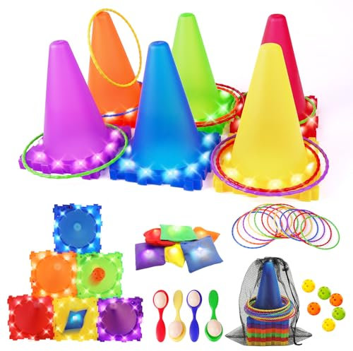 CLEMAS Jeux de lancer lumineux, jeux de plein air, jeu de jardin, jeu de lancer de balle, d'anneaux et de pouf, jeux de lancer de fête pour enfants et adultes, jeux de lancer d'anneaux pour les annive