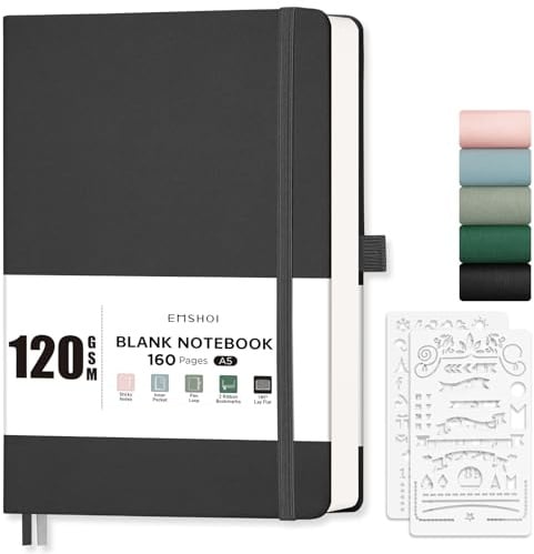 EMSHOI A5 Notebook Blank Journal - 120 GSM Hardcover Leather Sketch Book with Doodle Stencil, 160 Pages Unlined, Plain Art Sketchbook for Women Men Work School Drawing, 14.5 x 21cm - Black