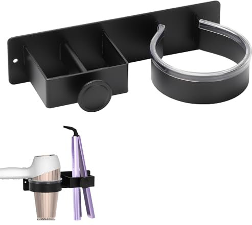Qivine Porta Phon da Muro Porta Asciugacapelli da Parete in Alluminio Porta Piastra per Capelli con 2 Scomparti Due Opzioni di Montaggio per Bagno Barbiere Hotel 21x6x5cm