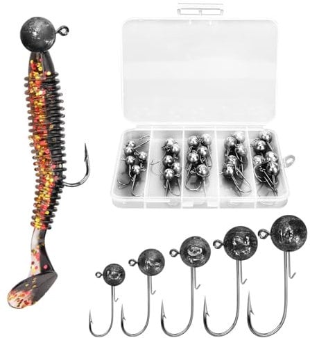 Jigköpfe Angelhaken Set, 25 Stück Tungsten Jigköpfe, 5g/7g/10g/12g/14g Bleifreie Jig Köpfe für Gummifische Zander, Jighead Haken Angelzubehör Größe 2/0 3/0 4/0