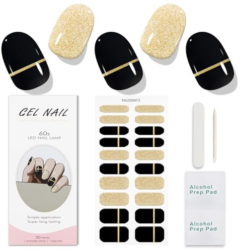 JMEOWIO Gel Nail Stickers Glitter Gold Black Semi Cured Gel Nail Strips Wraps UV/LED Nails Art Design Decoration Accessories