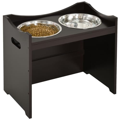 PawHut Comedero para Perros Elevado Cuencos para Perros con 2 Tazones de Acero Inoxidable y Altura Ajustable 54x31,5x47 cm Café