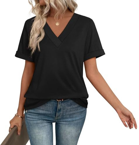 WIHOLL Women Summer Short Sleeve V Neck Shirts Long Casual Basic Tee Loose Ladies Black Tops Size 18-20