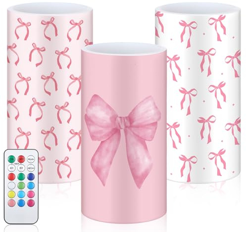 Retisee Pink Bow Flickering Flameless Candles, Set of 3 Pink Bow Room Decor | 3x6 Battery Operated Candles with Remote Control Timer, Pink Bow Decor, Bow Lights for Girls Room