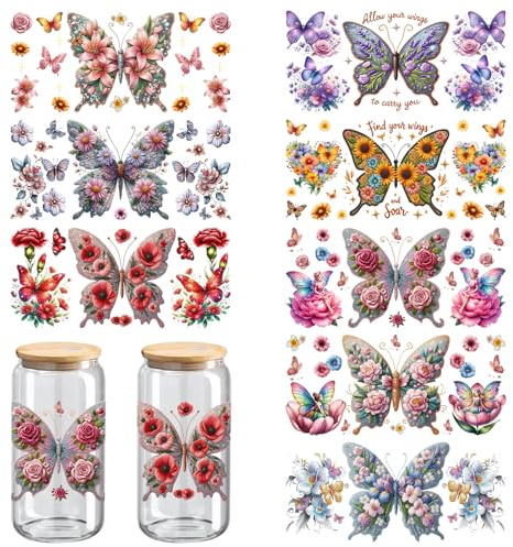 UV DTF Cup Wraps, 8 Sheets UV DTF Cup Wraps for 16 oz, Glass Cup Decals, Wood Craft Supplies (Butterfly)