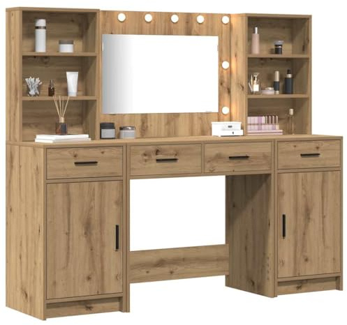 vidaXL Schminktischset mit LED 3 STK. Artisan-Eiche Holzwerkstoff | Mit mehreren Schubladen und Regalen behältst du ganz leicht die Übersicht, Eingebaute Lichter sorgen für bessere Sicht,