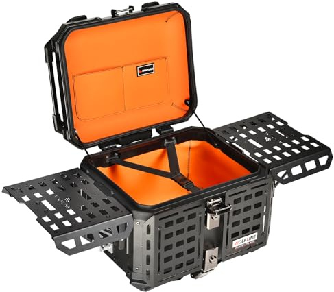 WOLFLINEMOTO Motorcycle Top Case Universal Aluminum Motorbike Tail Box with Leather Lining 45L Waterproof Detachable Trunk Tour Pack w/Lock, Black w/Orange