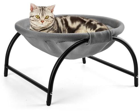LIFLIX Elevated Cat Hammock Bed, Free-Standing Cat Cot with Removable Plush, Raised Stable Pet Bed (Grey)