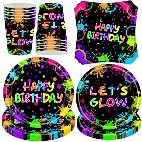YeahBoom Happy Brithday - Set di 50 stoviglie colorate al neon per feste, accessori per feste di compleanno, con piatti, tovaglioli, stoviglie per feste per 10 ospiti