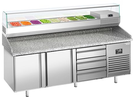 GGM Gastro | POI207T2S1313#AGI203 | Pizzakühltisch Premium PLUS - 1980x700mm - mit 2 Türen - inkl. Kühlaufsatzvitrine - 9x GN 1/4