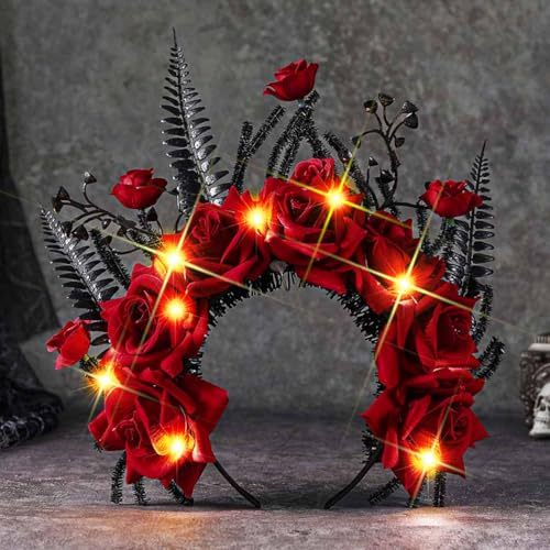 Unicra Serre-tête lumineux à fleurs rouges à LED pour Halloween, festival, accessoires de cheveux pour femme