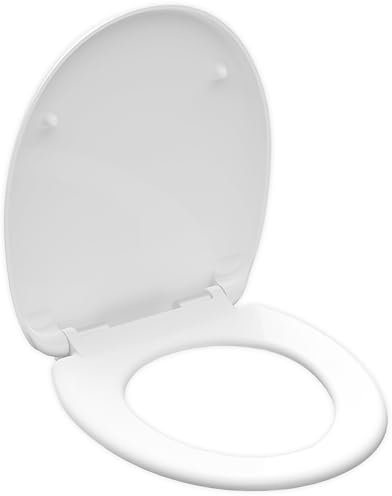 KRUMAD Klobrille mit Absenkautomatik, WC Sitz, Toilettensitz, Klodeckel | 37,5x44,5 cm, Oval, Soft Close, Schnellverschluss, Widerstandsfähig, inkl. Montagezubehör, Glänzend, Antibakterielle, Weiß