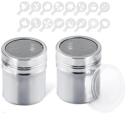 2Pcs Flour Sugar Salt Shaker, 16 Moulds - 7oz Stainless Steel Chocolate Powder Shaker, Fine Mesh Flour Duster for Flour, Sugar, and Cocoa in Baking & Cooking
