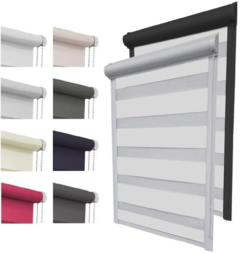 Doppelrollo ohne Bohren zum Kleben Duo Rollo für Fenster & Tür mit Kassette Blende | 8 Farben | Fensterrollo Sonnenschutzrollo Seitenzugrollo Zebrarollo Streifenrollo Blickdicht lichtdurchlässig
